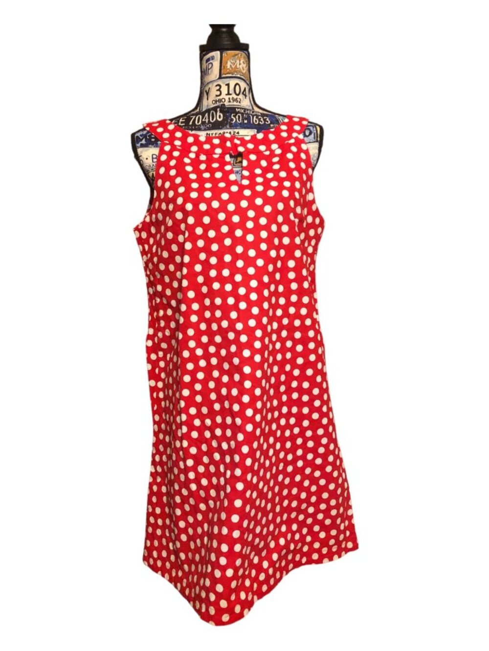 Red Sleeveless Kitschy Ditsy Polka Dot Sundress With Accent Swirl Button M/L